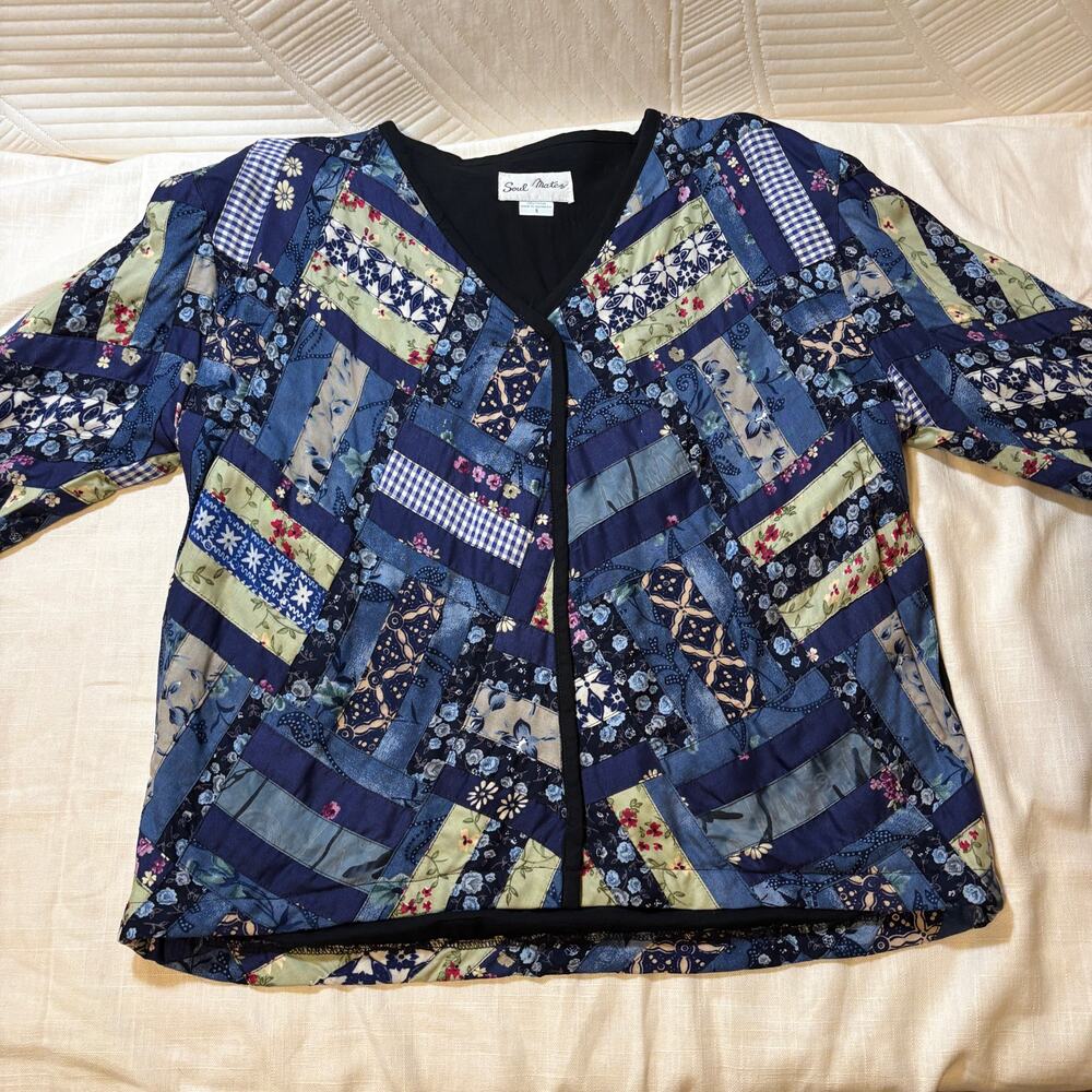 Soul Mates Women's Small Blue Floral Patchwork Rayon Open Front Jacket